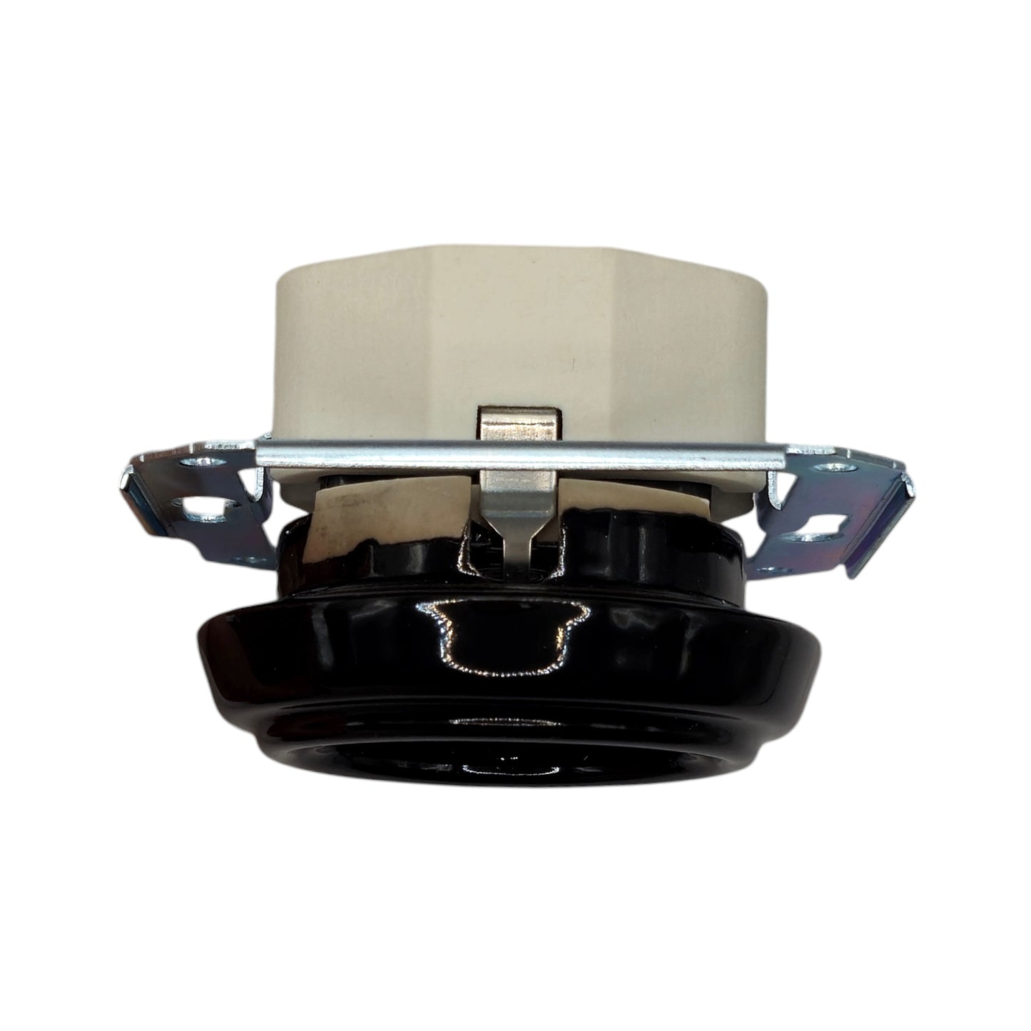 Single SCHUKO porcelain socket insert, black, flush-mounted, angled view