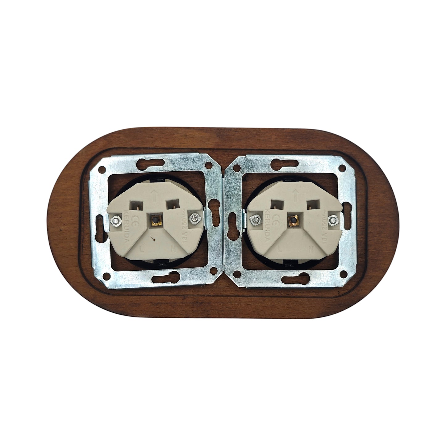 Double SCHUKO porcelain socket with dark wooden frame, black, flush-mounted, back view