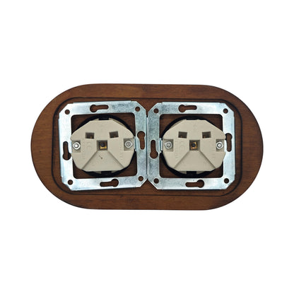 Double SCHUKO porcelain socket with dark wooden frame, black, flush-mounted, back view