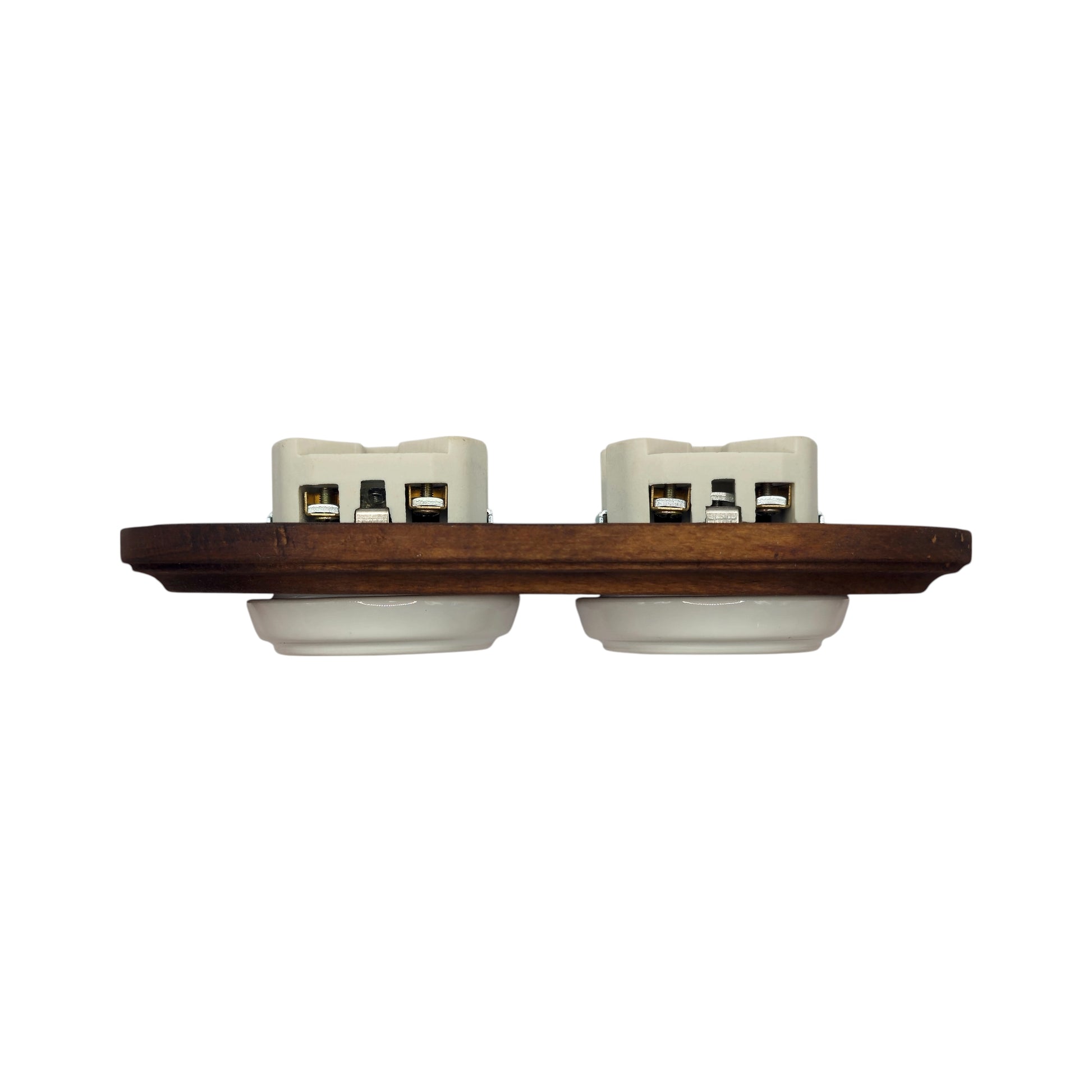 Double SCHUKO porcelain socket with dark wooden frame, white, flush-mounted, angled view