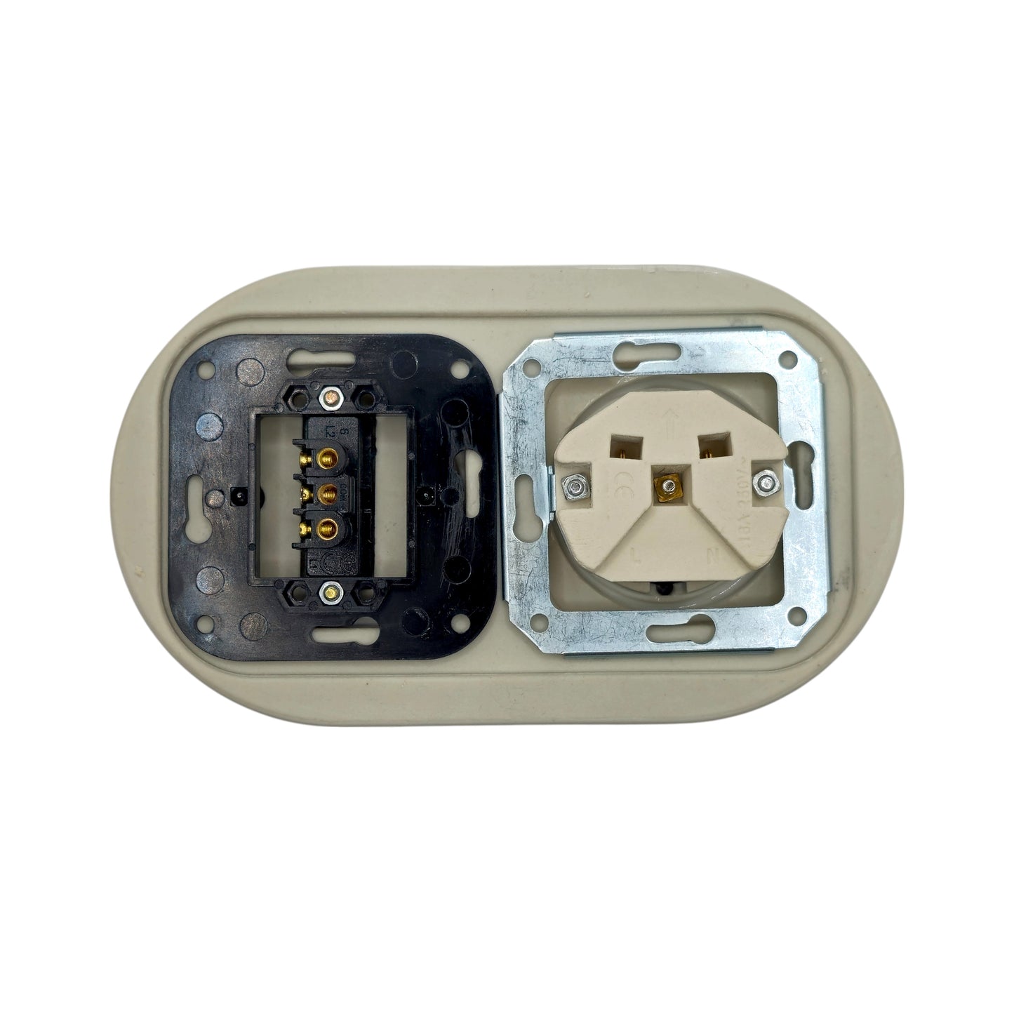 Single SCHUKO porcelain socket with light switch, white, flush-mounted, back view