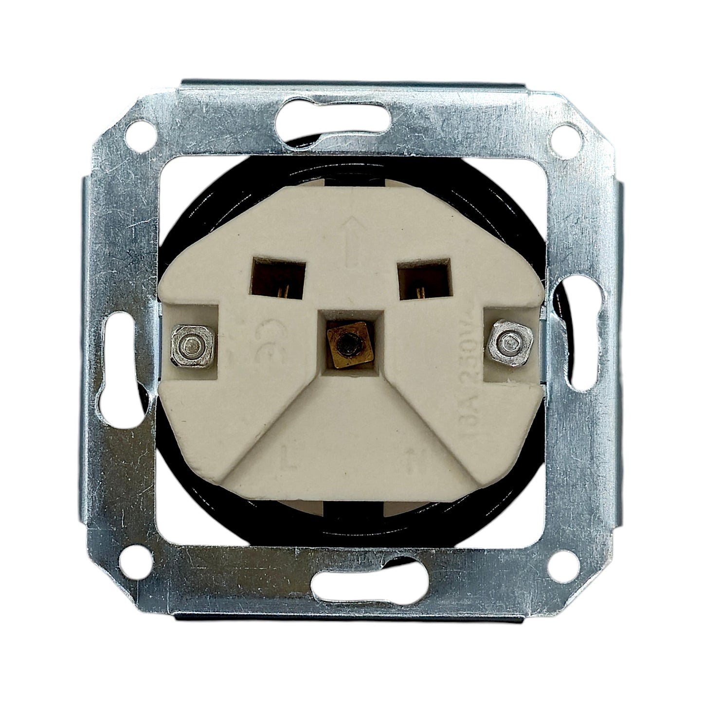 Single SCHUKO porcelain socket insert, black, flush-mounted, back view