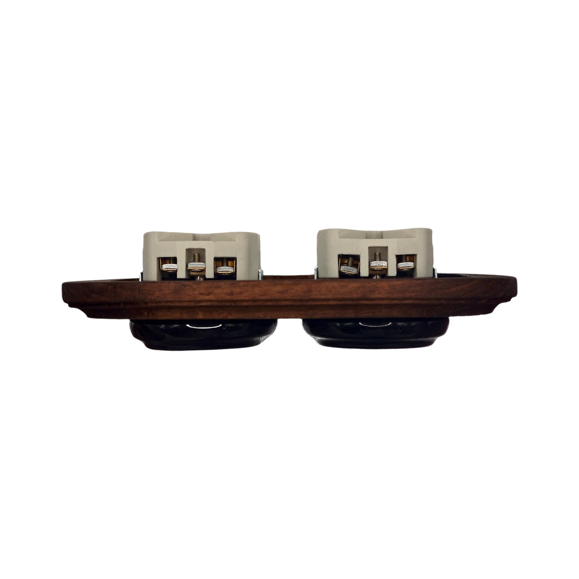 Double SCHUKO porcelain socket with dark wooden frame, black, flush-mounted, angled view