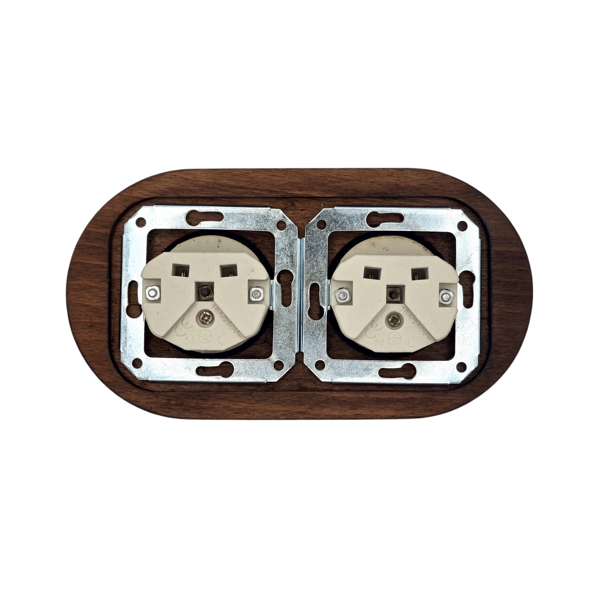 Double black French porcelain socket with dark wood frame, flush-mount, back