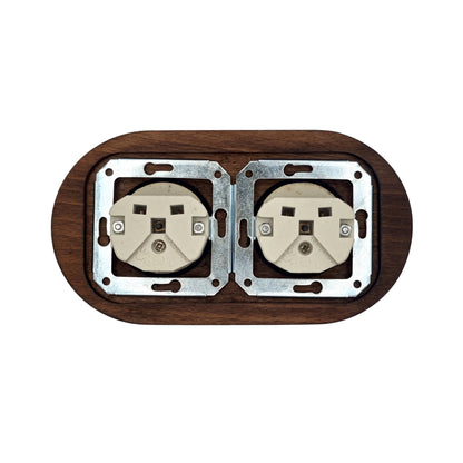 Double black French porcelain socket with dark wood frame, flush-mount, back