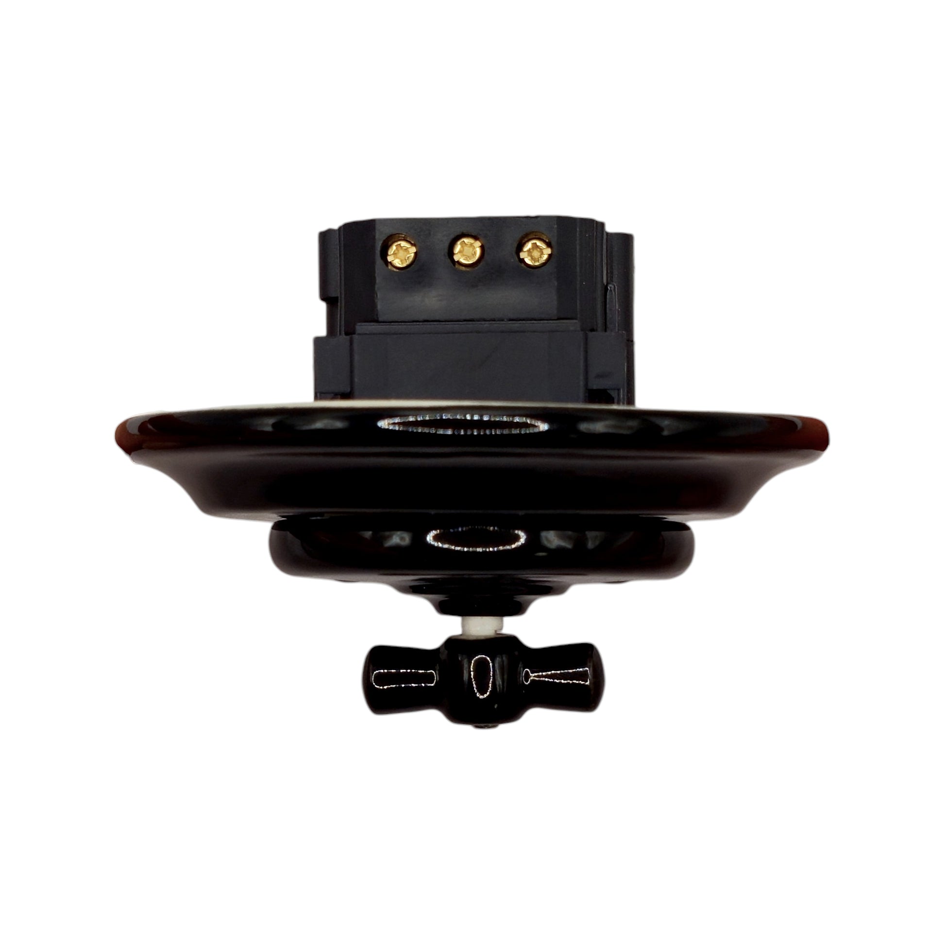 black porcelain intermediate rotary light switch, flush-mount, side