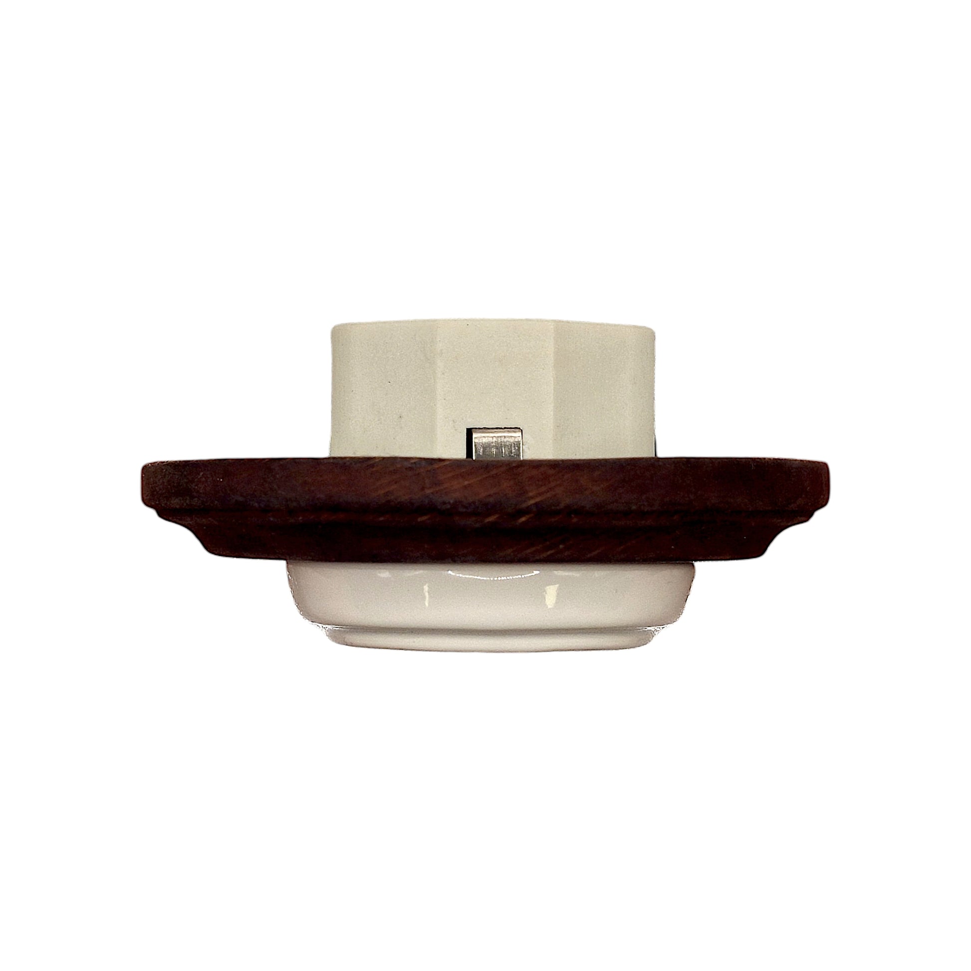 Single SCHUKO porcelain socket with dark wooden frame, white, flush-mounted, close-up detail