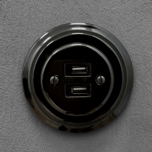 Porcelain Loft Retro Electrical USB Charging Socket Flush-Mounting Vintage Cottage Ceramic Black