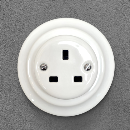 Power Socket Plug Porcelain UK 3 Prong Loft Retro Electrical Flush Mounted Vintage Cottage White Ceramic