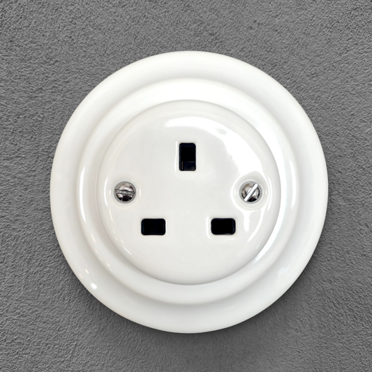 Power Socket Plug Porcelain UK 3 Prong Loft Retro Electrical Flush Mounted Vintage Cottage White Ceramic