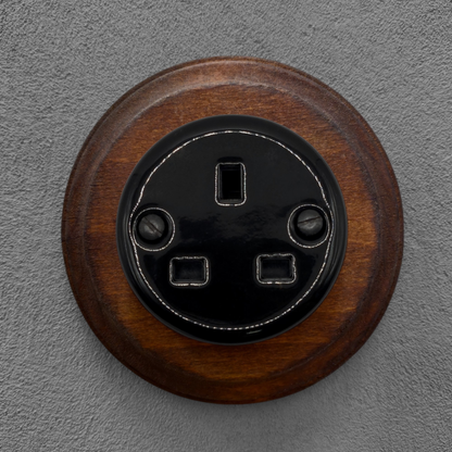 Retro Style Black Ceramic Single UK Type Socket Dark Wood Frame Flushed-Mounted