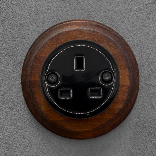 Retro Style Black Ceramic Single UK Type Socket Dark Wood Frame Flushed-Mounted