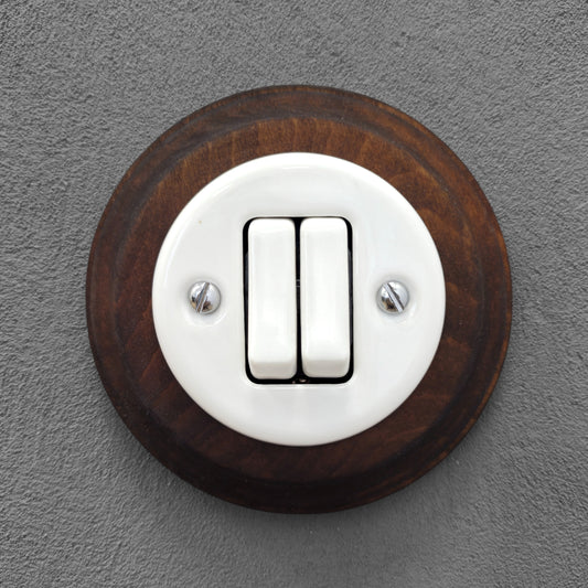 Wooden Frame Porcelain Light Switch Loft Retro 2-gang Two-way Flush-Mounting Vintage Cottage Ceramic Dark Brown With White