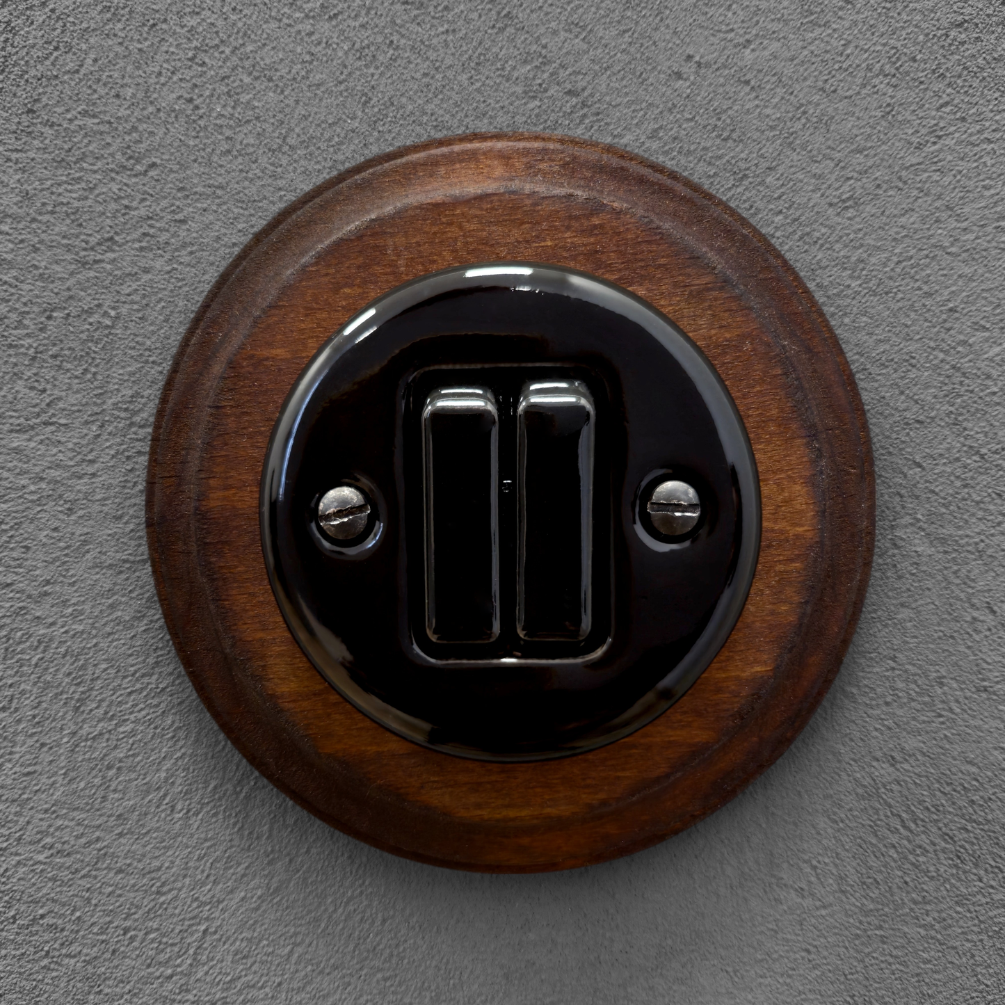 black porcelain 2gang2way light switch dark wood frame, flush-mount, front