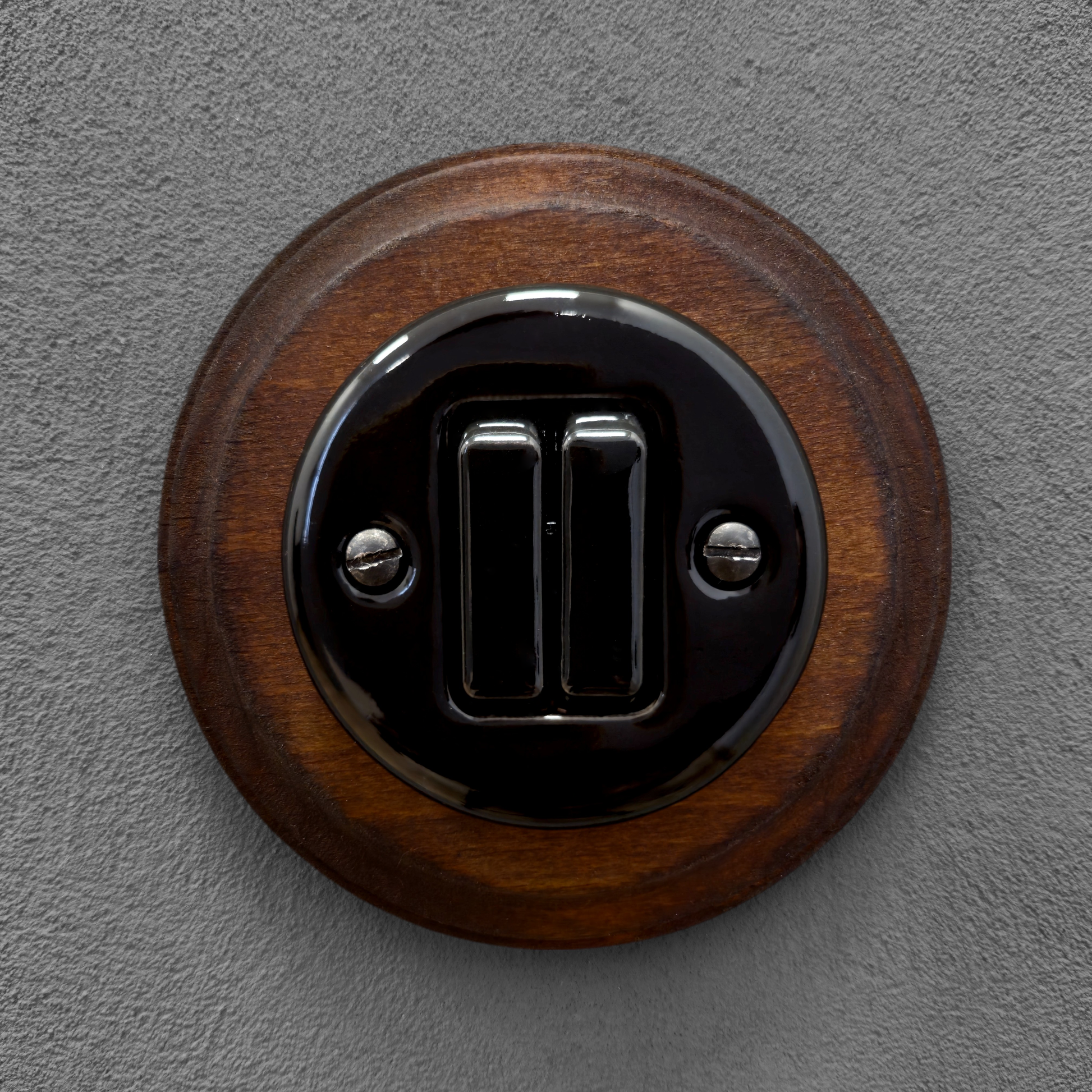 black porcelain 2gang2way light switch dark wood frame, flush-mount, front