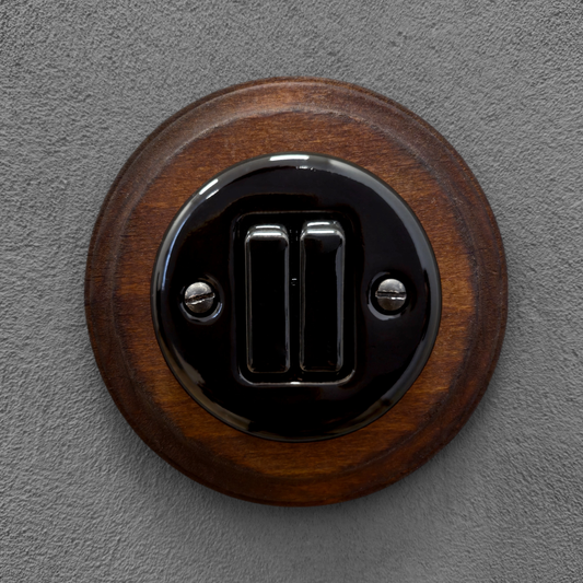 Wooden Frame Porcelain Light Switch Loft Retro 2-gang Two-way Flush-Mounting Vintage Cottage Black Ceramic