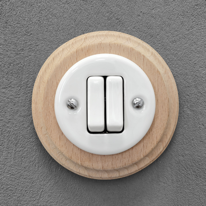 Wooden Frame Porcelain Light Switch Loft Retro 2-gang Two-way Flush-Mounting Vintage Cottage Ceramic Natural Beige With White