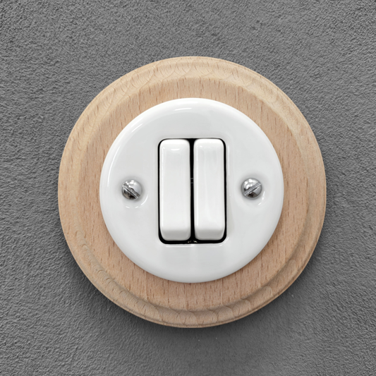 Wooden Frame Porcelain Light Switch Loft Retro 2-gang Two-way Flush-Mounting Vintage Cottage Ceramic Natural Beige With White