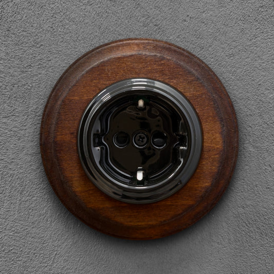 Wooden German Power Socket Porcelain Loft Retro Electrical Flush-Mounting Vintage Cottage Ceramic Brown With Black