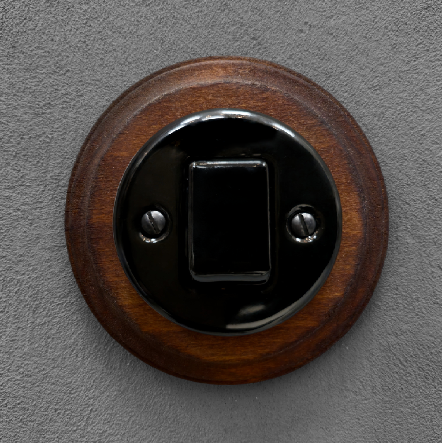Retro Style Black Ceramic Two-Pole Push Button Switch Flush-Mounted Dark Wood Frame, D100mm