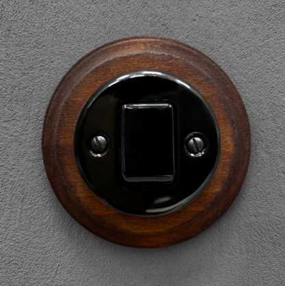Retro Style Black Ceramic Two-Pole Push Button Switch Flush-Mounted Dark Wood Frame, D100mm
