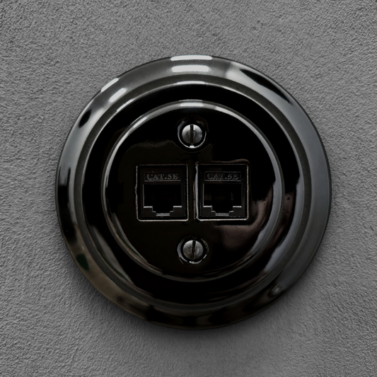 Porcelain Loft Retro Electrical Network CAT.5E Socket RJ45 Flush-Mounting Vintage Cottage Ceramic Black