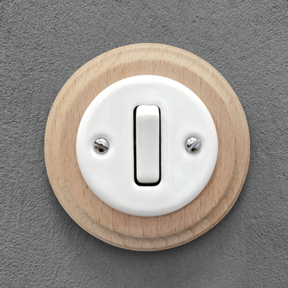 Wooden Frame Porcelain Light Switch Loft Retro 1-gang Two-way Flush-Mounting Vintage Cottage Ceramic Natural Beige With White