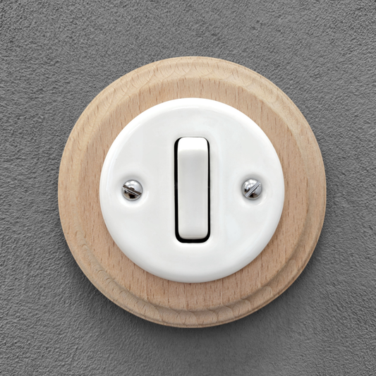 Wooden Frame Porcelain Light Switch Loft Retro 1-gang Two-way Flush-Mounting Vintage Cottage Ceramic Natural Beige With White
