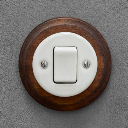 Retro Style White Ceramic Crossing Push Button Switch Flush-Mounted Dark Wood Frame, D100mm
