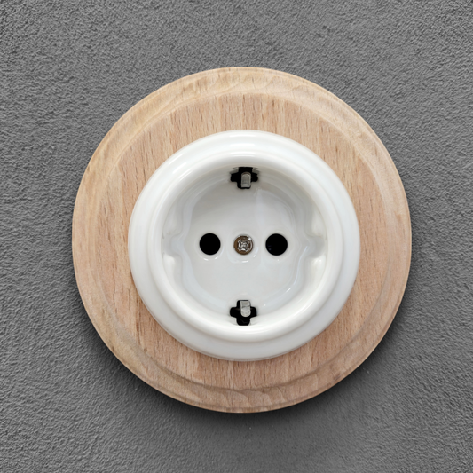 Wooden German Power Socket Porcelain Loft Retro Electrical Flush-Mounting Vintage Cottage Ceramic Natural Beige With White
