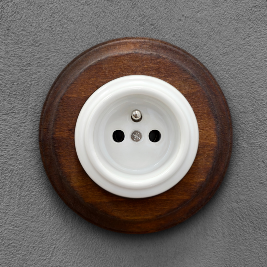Wooden French Power Socket Porcelain Loft Retro Electrical Flush-Mounting Vintage Cottage Ceramic Brown With White