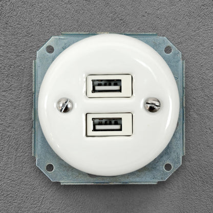 Power Socket Insert Porcelain Loft Retro USB Charging Socket Flush-Mounting Vintage Cottage Ceramic White