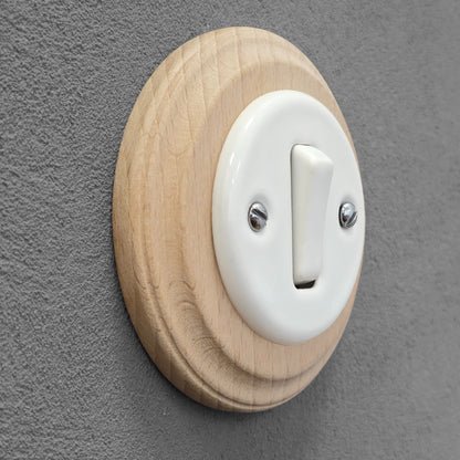 Wooden Frame Porcelain Light Switch Loft Retro 1-gang Two-way Flush-Mounting Vintage Cottage Ceramic Natural Beige With White