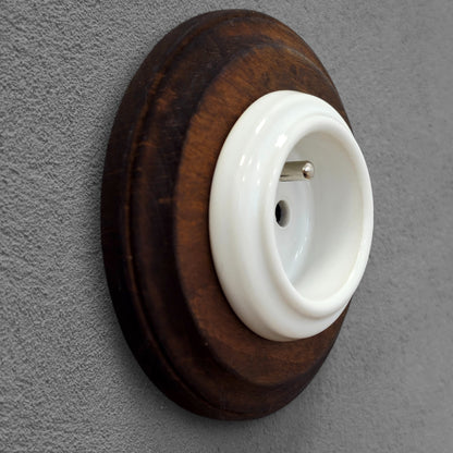Wooden French Power Socket Porcelain Loft Retro Electrical Flush-Mounting Vintage Cottage Ceramic Brown With White
