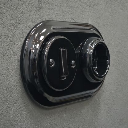 Single SCHUKO porcelain socket with light switch, black, flush-mounted, side view