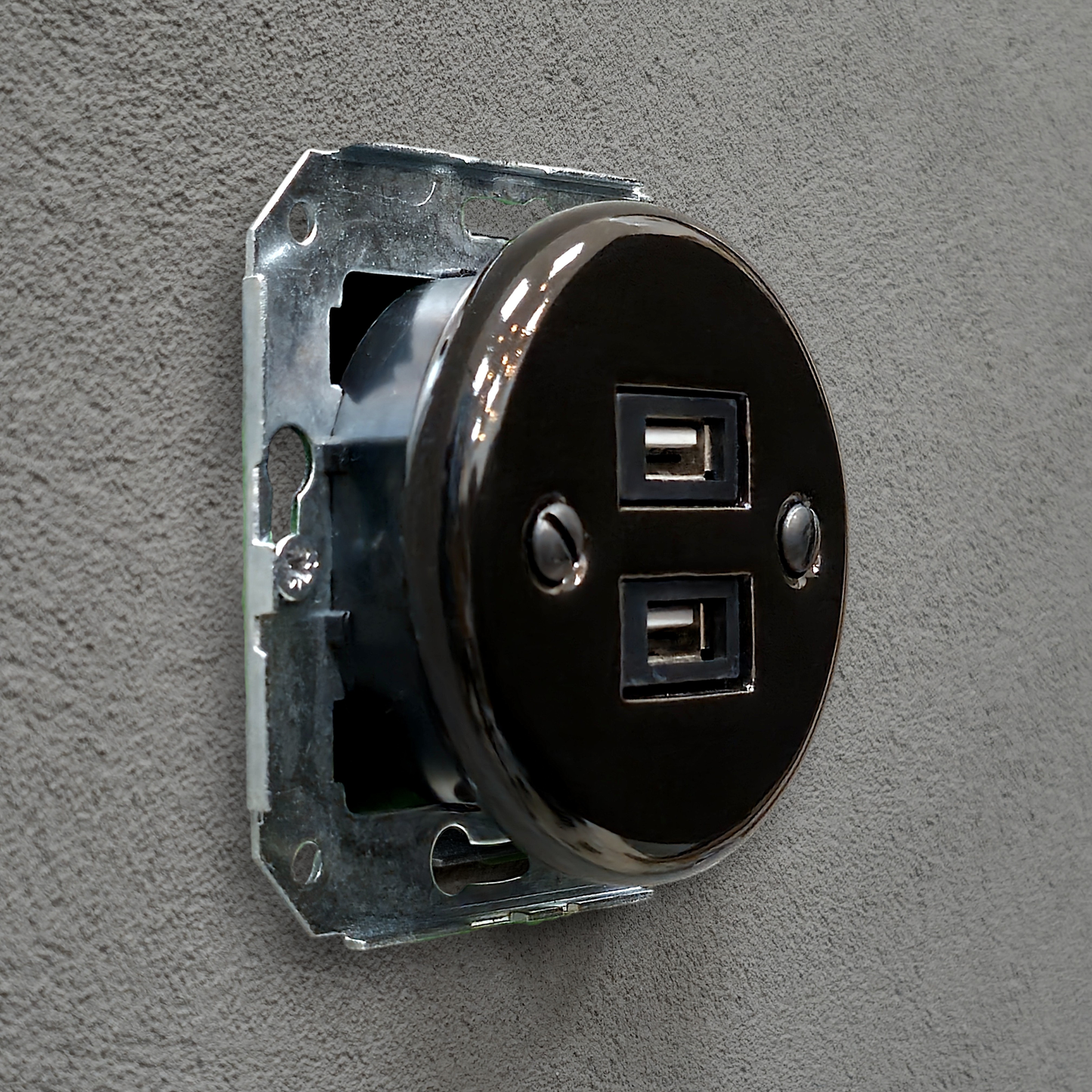 Black porcelain USB-A charging socket insert, flush-mounted, side