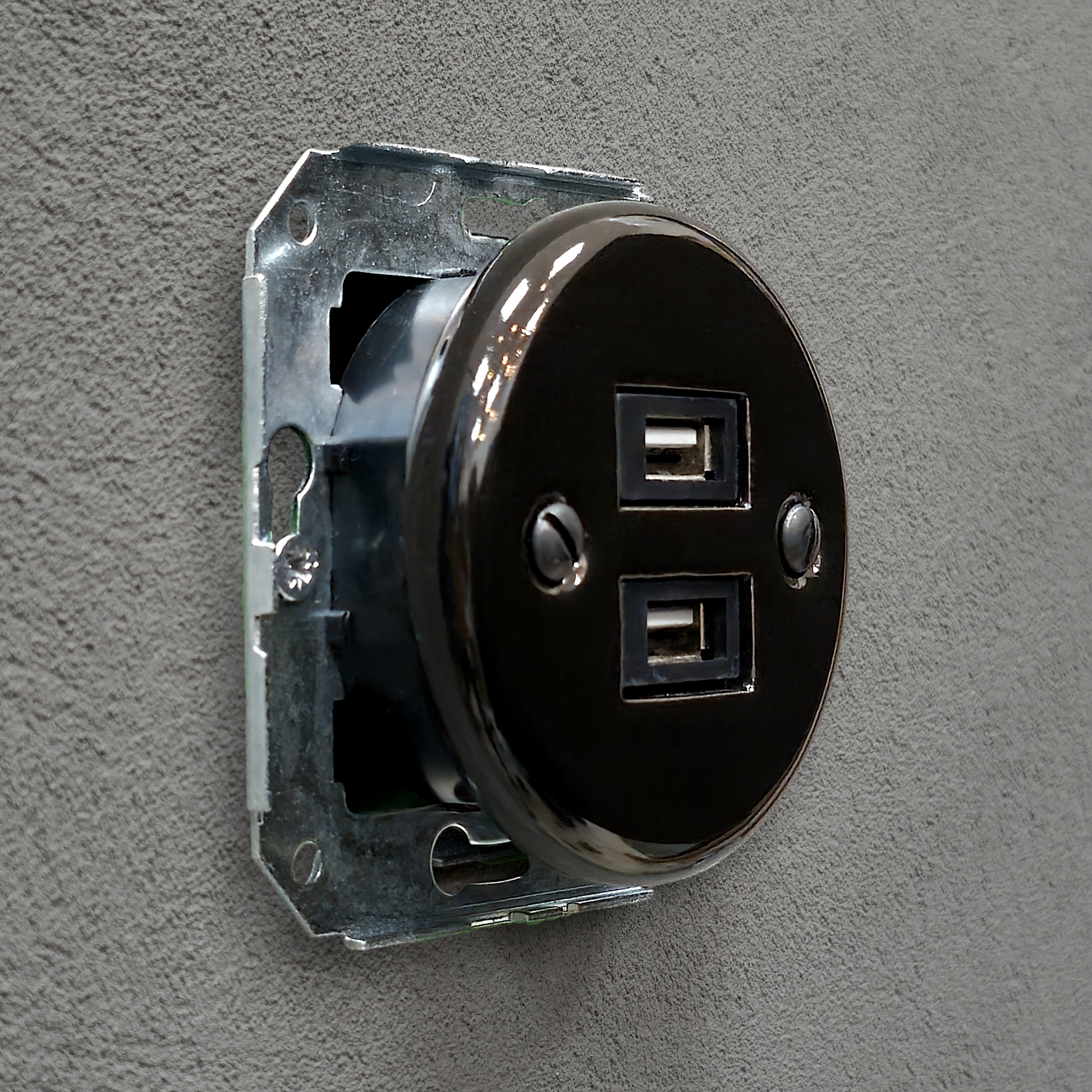 Black porcelain USB-A charging socket insert, flush-mounted, side