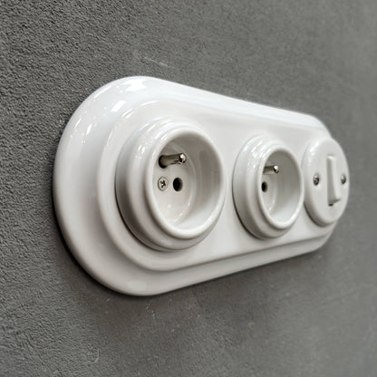 Double white French porcelain socket with light switch, flush-mount, side