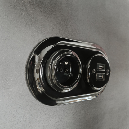 Retro Style Black Ceramic French And 2xUSB Charging Socket SET Flushed-Mounted