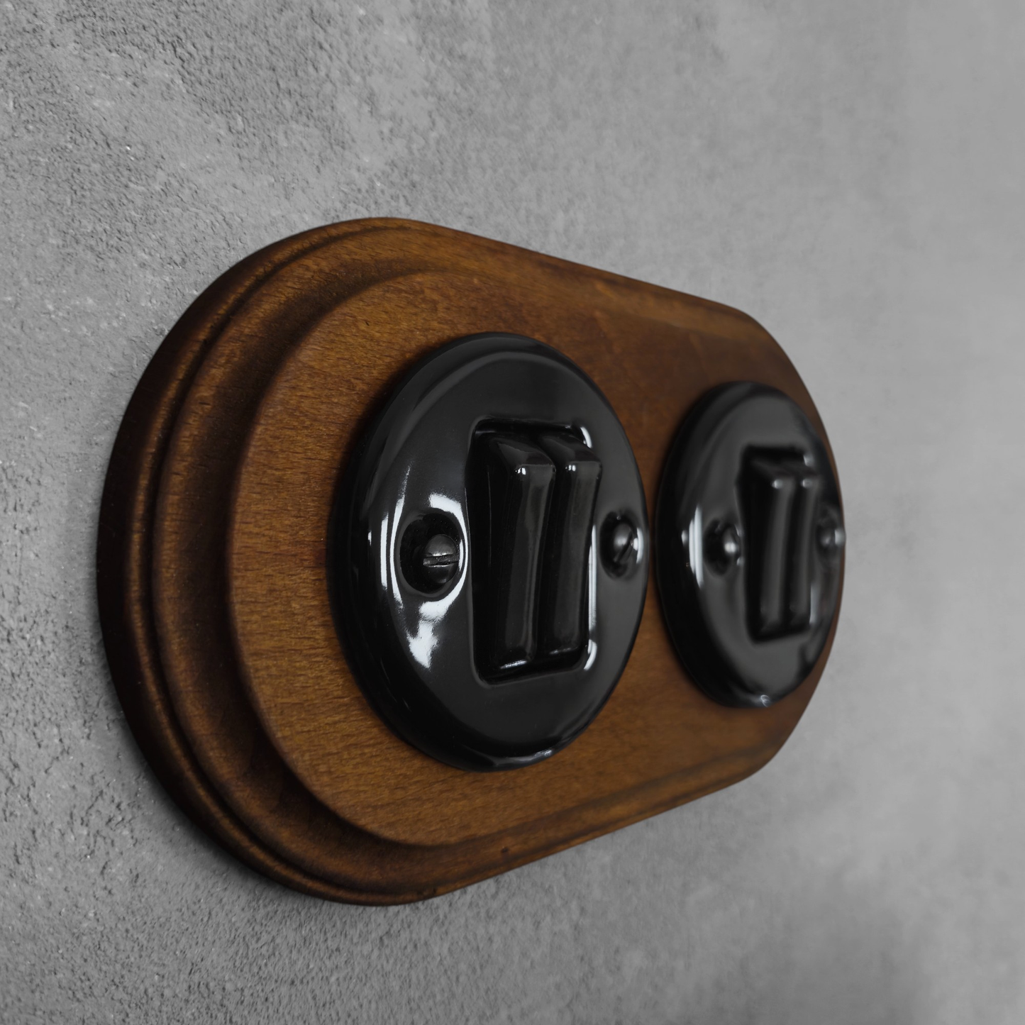 Retro Style Black Ceramic Slim Rocker Light Switch 2-Gang Two-Way With Dark Wood Frame Flushed-Mounted