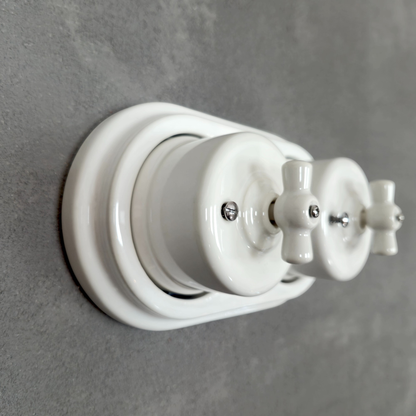 Double Retro Style White Ceramic Type-2 Double One-Way Rotary Light Switch Surface-Mounted
