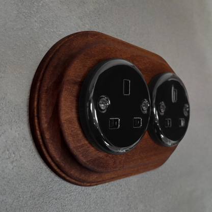 Retro Style Black Ceramic Double UK Type Socket Dark Wood Frame Flushed-Mounted
