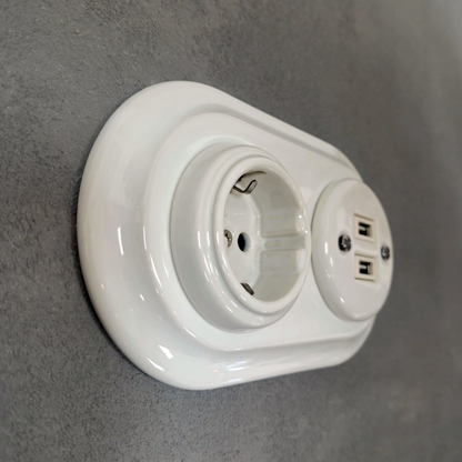 Retro Style White Ceramic German Schuko And 2xUSB Charging Socket SET Flushed-Mounted
