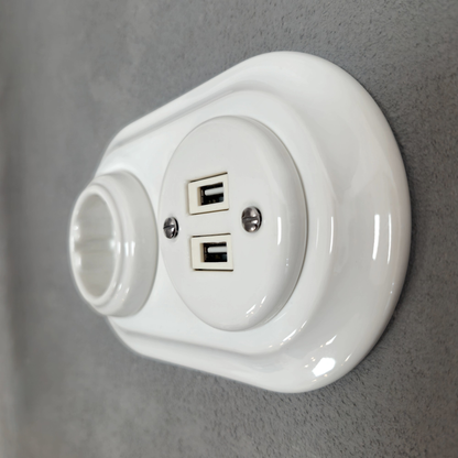 Retro Style White Ceramic German Schuko And 2xUSB Charging Socket SET Flushed-Mounted