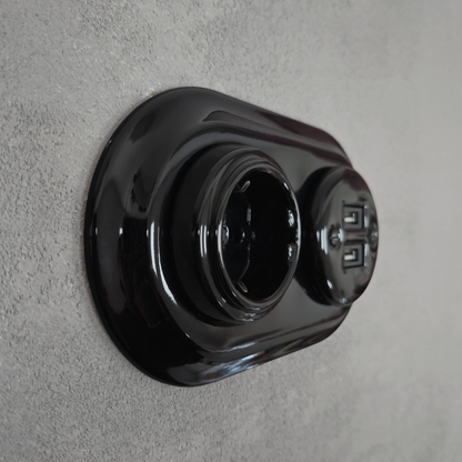 Retro Style Black Ceramic German Schuko And 2xUSB Charging Socket SET Flushed-Mounted