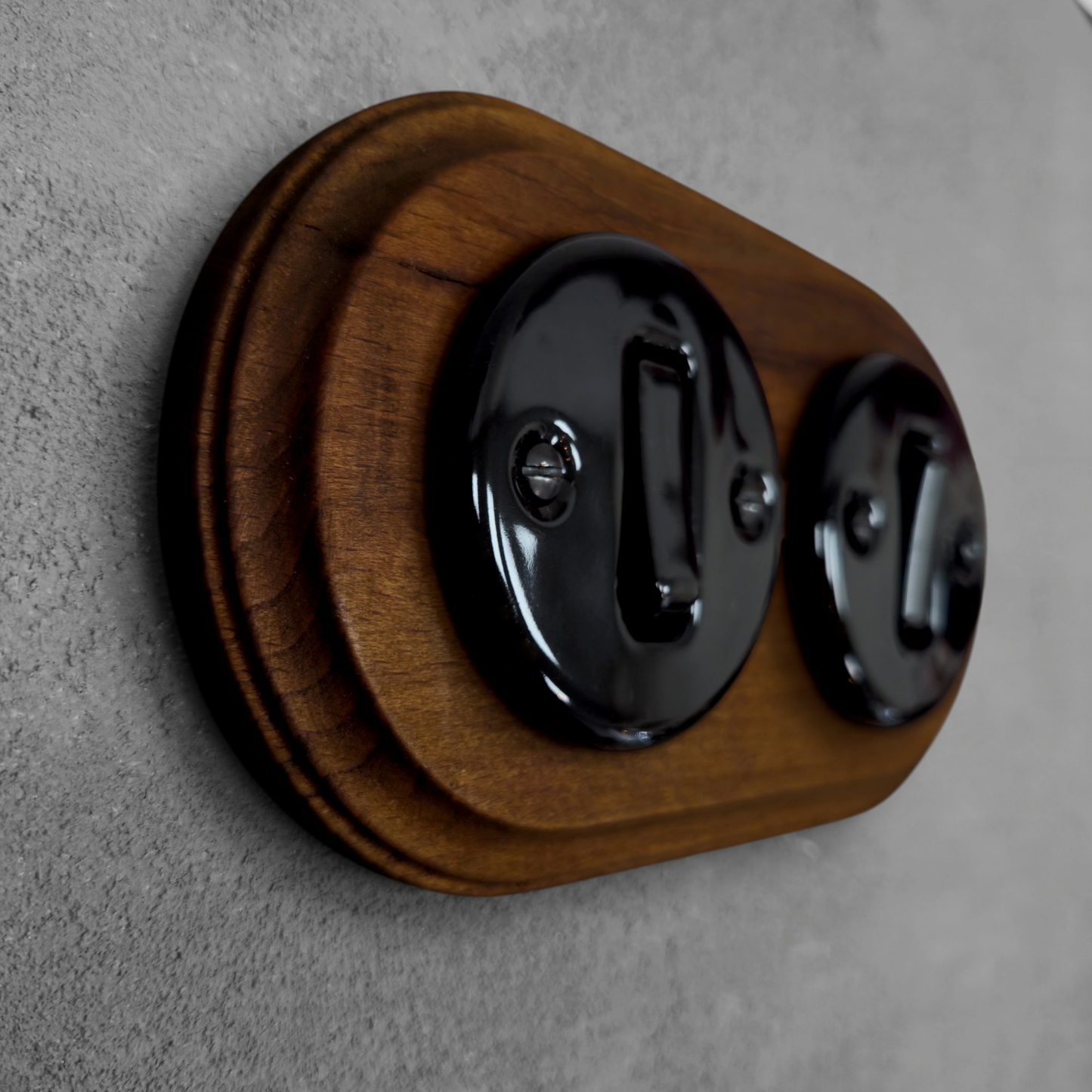 Retro Style Black Ceramic Slim Rocker Light Switch 1-Gang Two-Way With Dark Wood Frame Flushed-Mounted