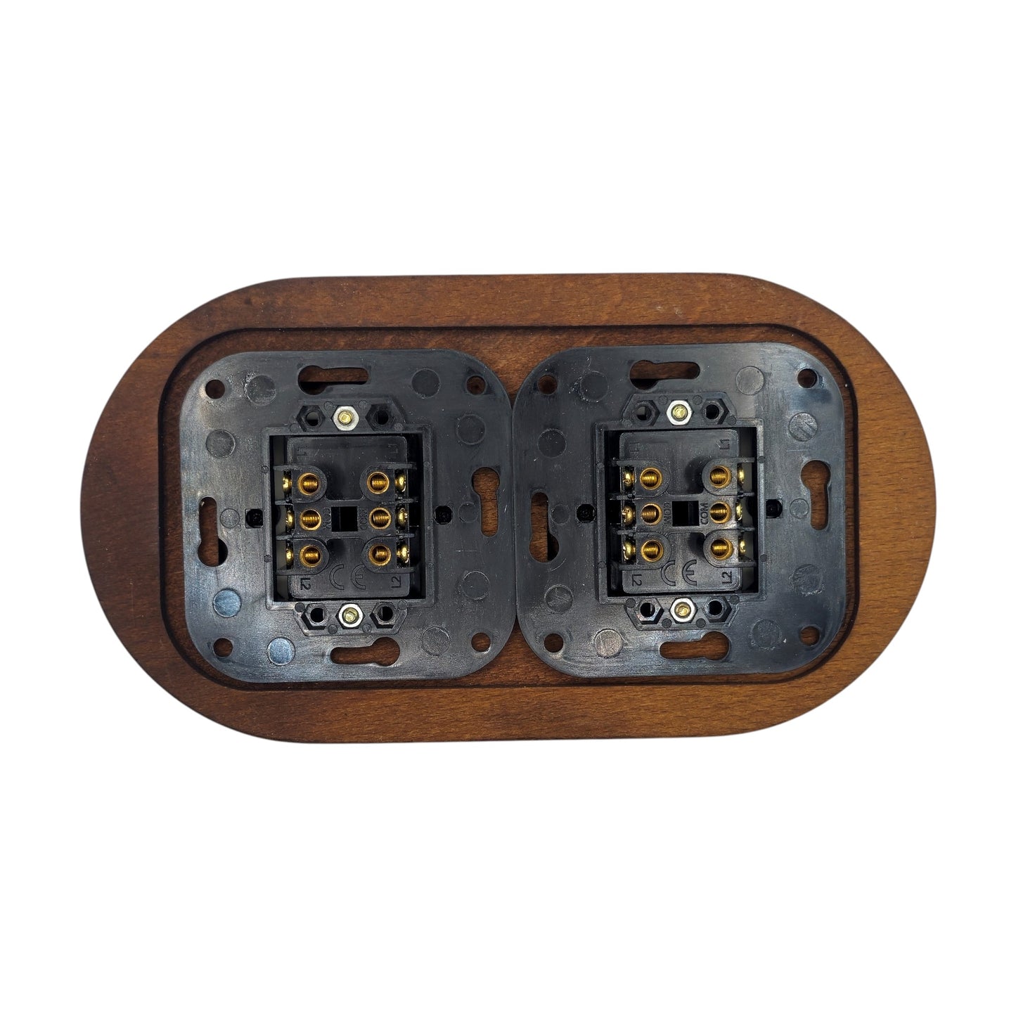 Retro Style Black Ceramic Slim Rocker Light Switch 2-Gang Two-Way With Dark Wood Frame Flushed-Mounted