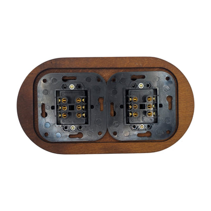 Retro Style Black Ceramic Slim Rocker Light Switch 2-Gang Two-Way With Dark Wood Frame Flushed-Mounted