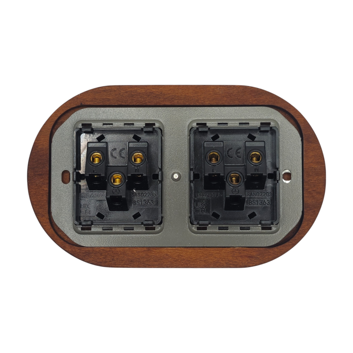 Retro Style Black Ceramic Double UK Type Socket Dark Wood Frame Flushed-Mounted