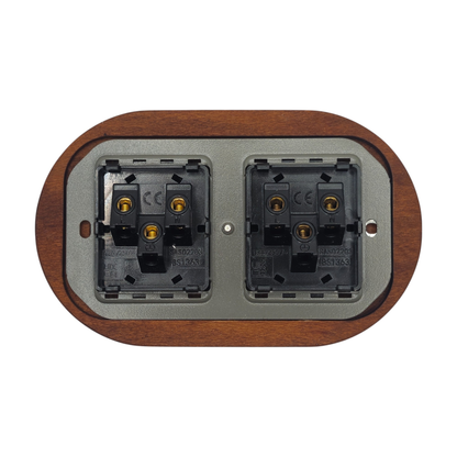 Retro Style Black Ceramic Double UK Type Socket Dark Wood Frame Flushed-Mounted
